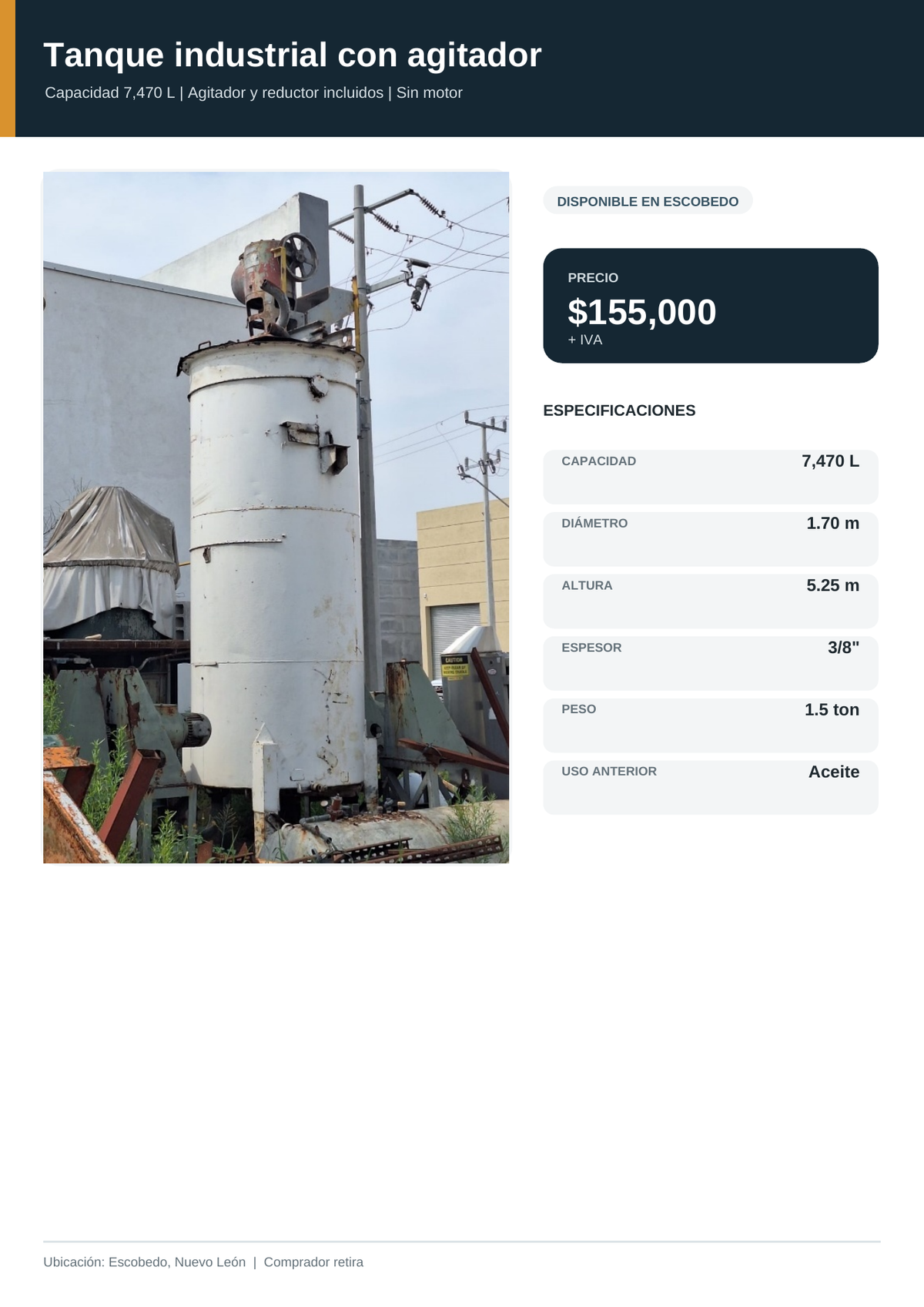 Tanque Industrial 7,470 L con Agitador y Reductor